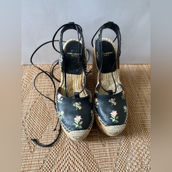 Saint Laurent YSL Black Leather Floral Espadrilles Wedge Sandals,Heels,US 6.5 - Picture 2 of 11